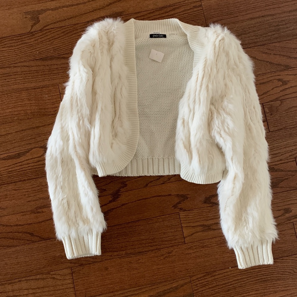 Cream Cardigan Rabbit Fur Wool Acrylic Lined Dulce Cabo XL Crop Open Neutral